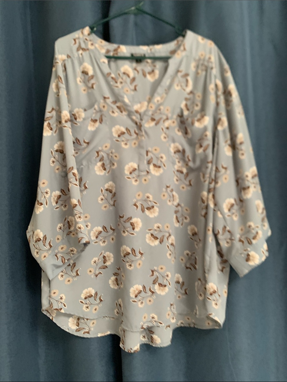 torrid Light Blue Floral V-Neck Blouse with Cream & Brown Flowers